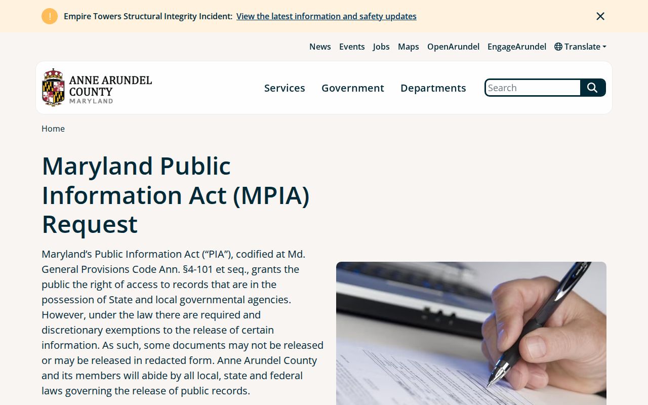 Anne Arundel County people search using the county PIA request portal