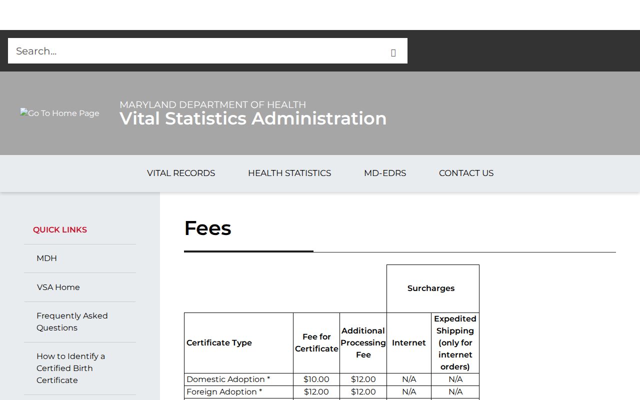 Anne Arundel County public records vital certificate fee page